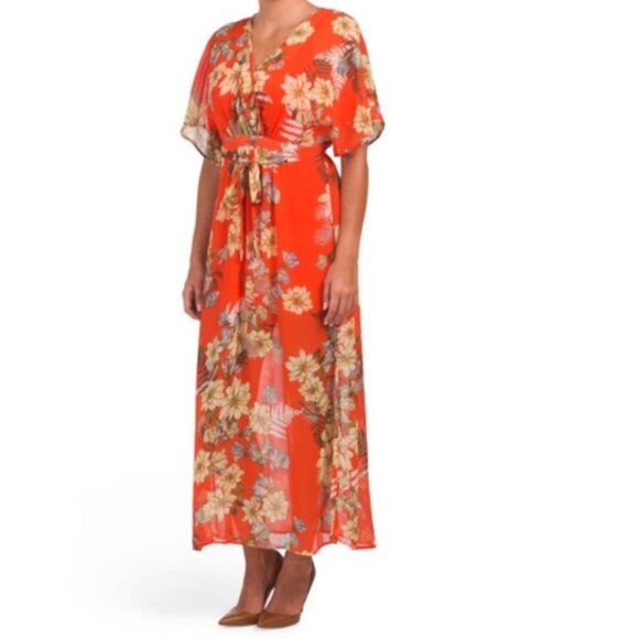love, Fire Dresses & Skirts - Love Fire Tropical Print Bohemian Floral Flutter Sleeve Semi Sheer Maxi Dress M